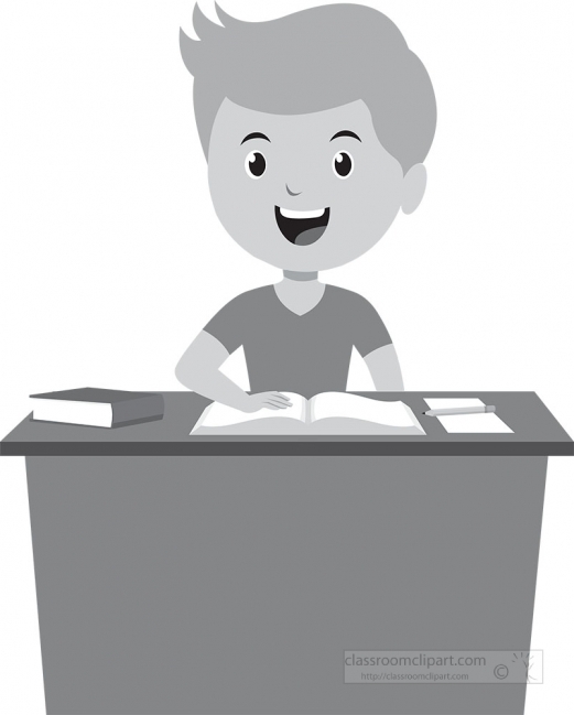 boy sitting on her desk in classroom school  gray color clipart