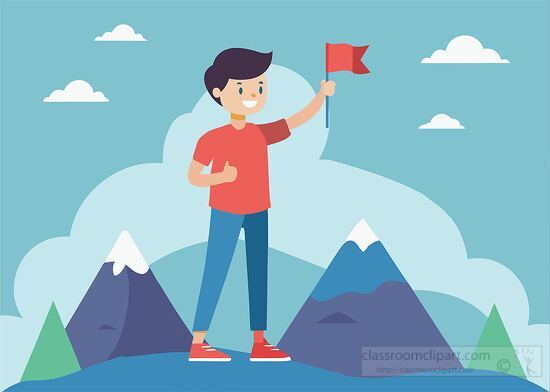 boy standing on a mountain holding a flag cartoon style