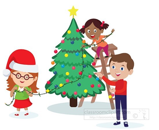 boy two girls decorating christmas tree with lights cliparts