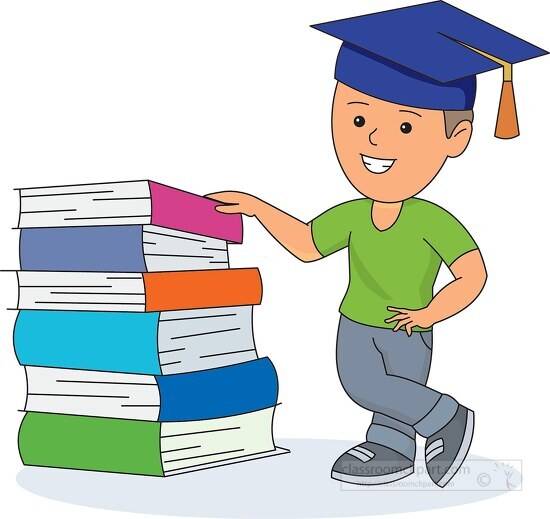 boy wearing graduation cap with stack of books