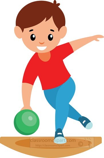 Bowling Clipart-boy wearing red tee shirt throws green Bowling ball Clipart