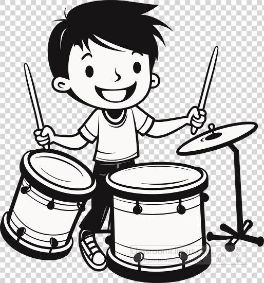 boy with a big smile playing a drum set