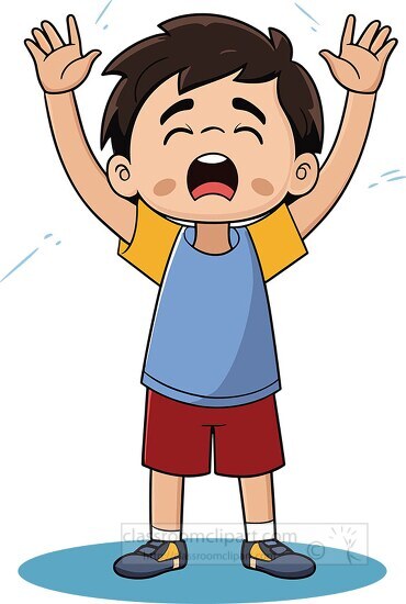 boy with raised hands crying in distress cartoon style