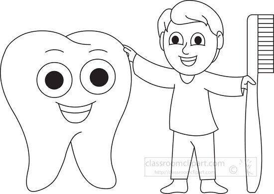 boy with tooth brush tooth character black outline