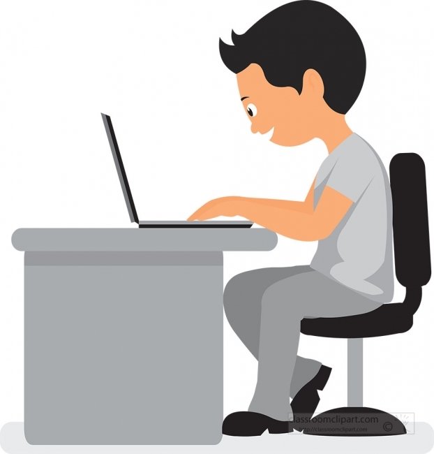 boy working on laptop classroom school  gray color clipart
