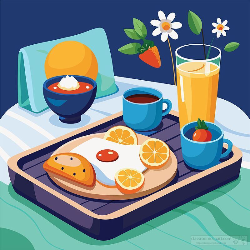 breakfast in bed with eggs and orange juice