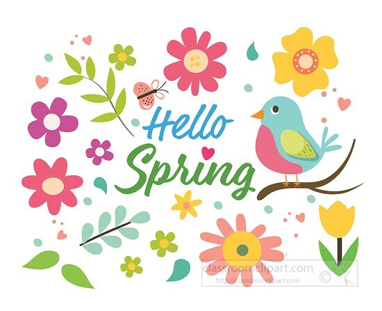 bright and cheerful spring typography surrounded by flowers bird
