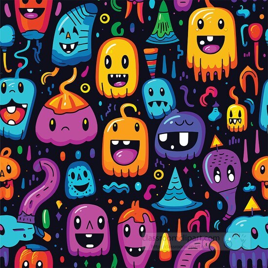 brightly colordered monster doodles in a pattern