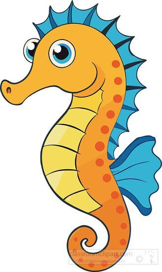 Brightly colored cartoon seahorse with blue fins