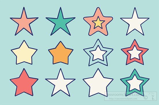 Brightly colored stars with simple outlines and various fill patterns