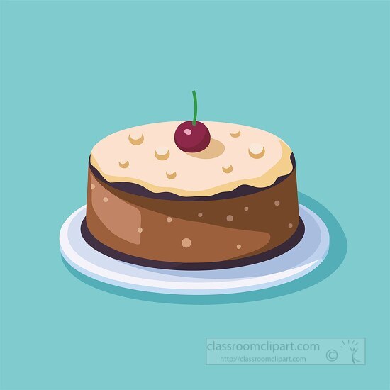 cake with frosting and cherry on top sits on plate