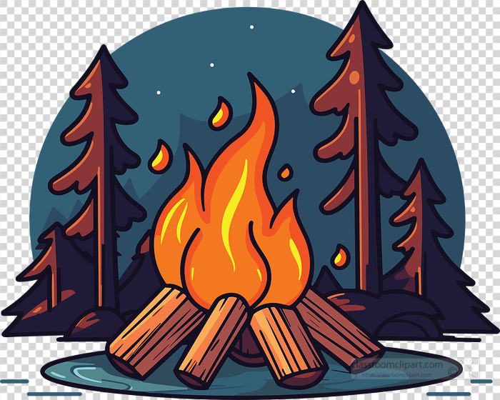 campfire in a forest under the starry sky clip art