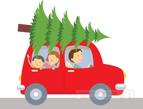car with christmas tree on roof clipart