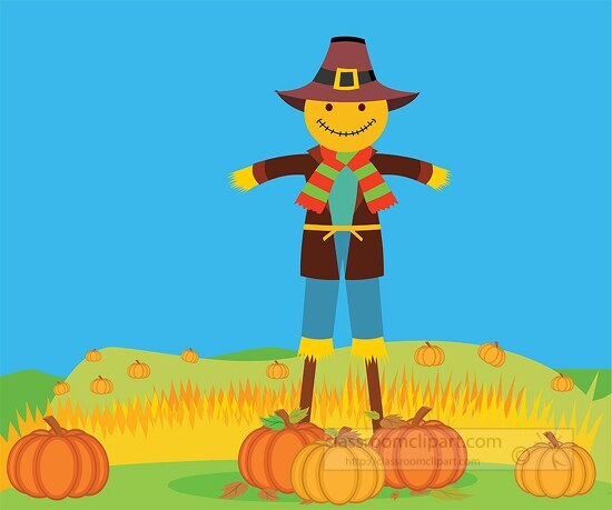 carecrow in the field pumpkins fall clipart blue sky