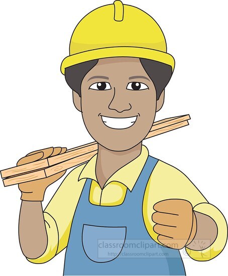 carpenter wearing hard hat carries wood planks clipart