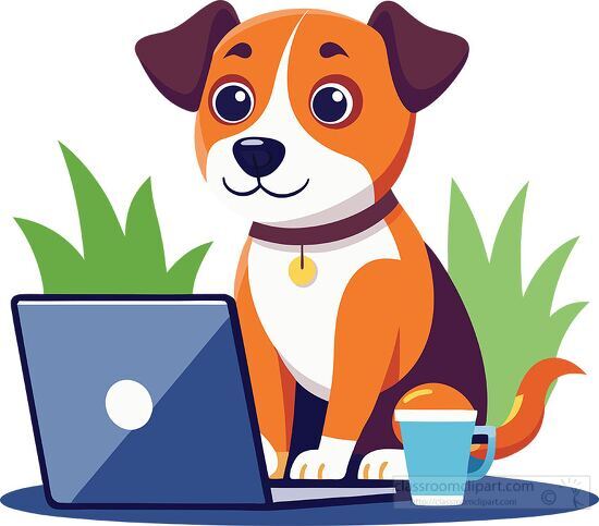 Cartoon a brown dog typing on a laptop