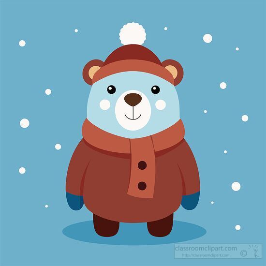 cartoon bear is bundled up in a red winter hat and scarf