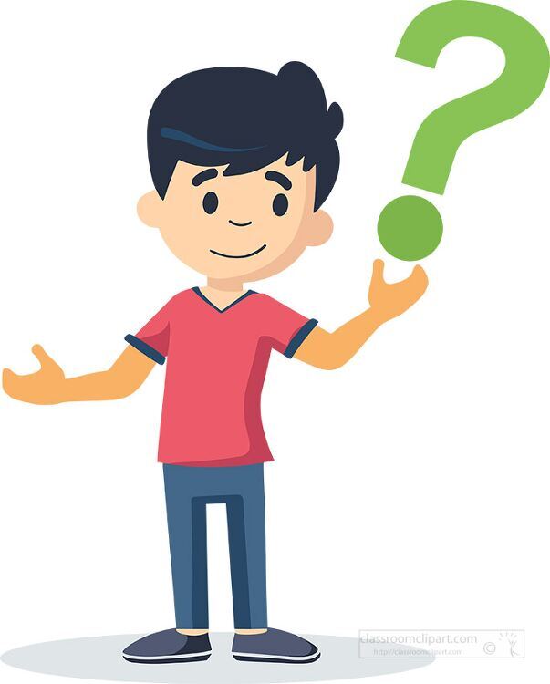 cartoon boy holding a large green question mark