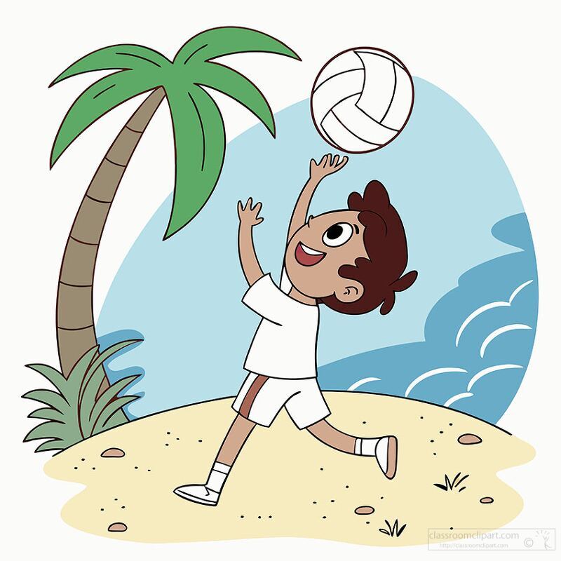 Cartoon boy in white clothes enjoying a volleyball game