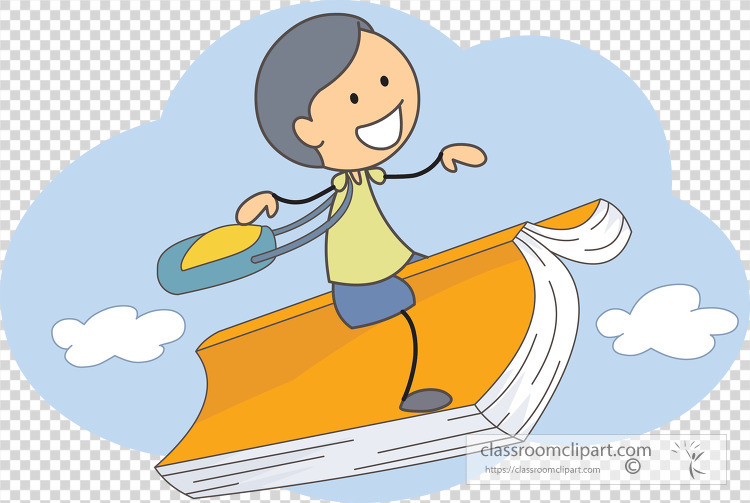 cartoon boy riding on book in the air transparent