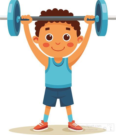 cartoon boy weightlifting with determination and a bright smile