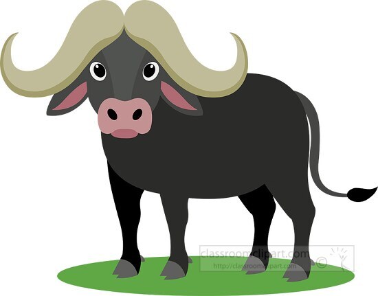 cartoon buffalo with long horns standing on a green grass
