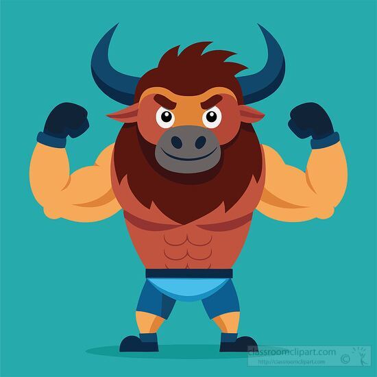 cartoon buffalo with showing off his strength with bulging muscles