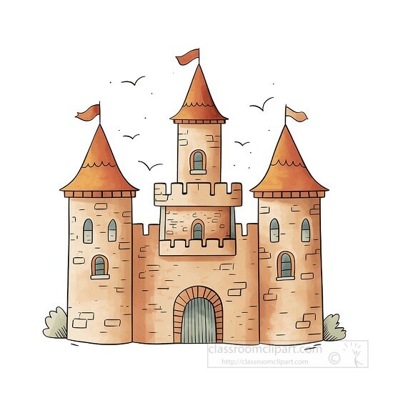 cartoon castle with tall towers curtain wall and gate