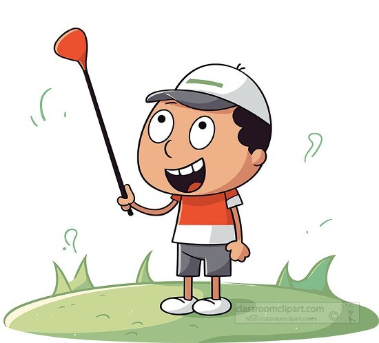 cartoon child with golf club looking excited on the course