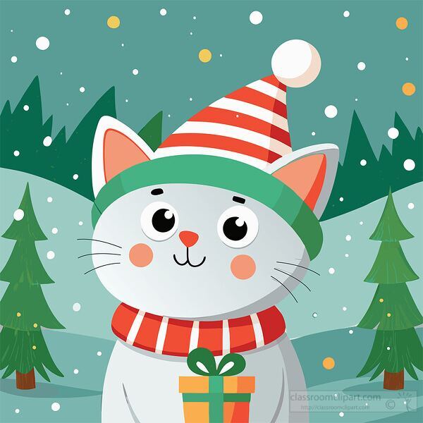 Cartoon Christmas cat with rosy cheeks and a holiday outfit stan