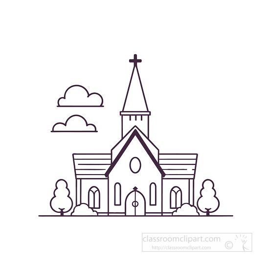 cartoon church with a steeple and a red roof black outline clip 