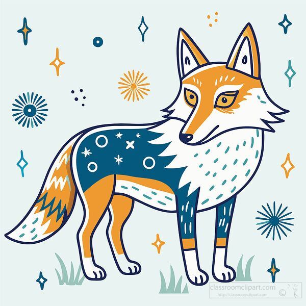 cartoon coyote features a bushy tail and intricate designs on it