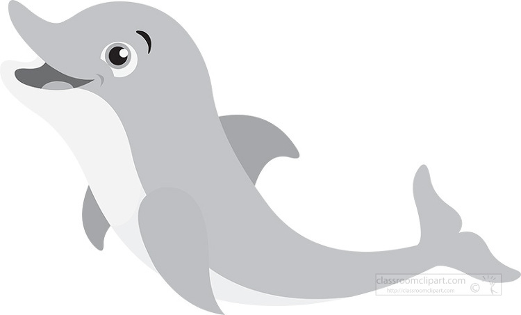 cartoon dolphin with open mouth and blue eyes gray color