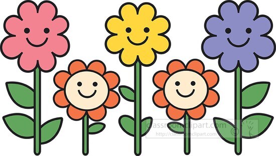 cartoon flowers with smiling faces each in different colors