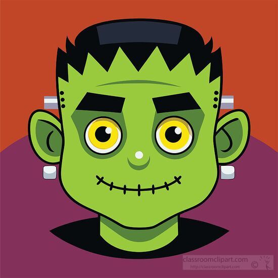 cartoon Frankenstein face with a bright green complexion and wide eyes clipart