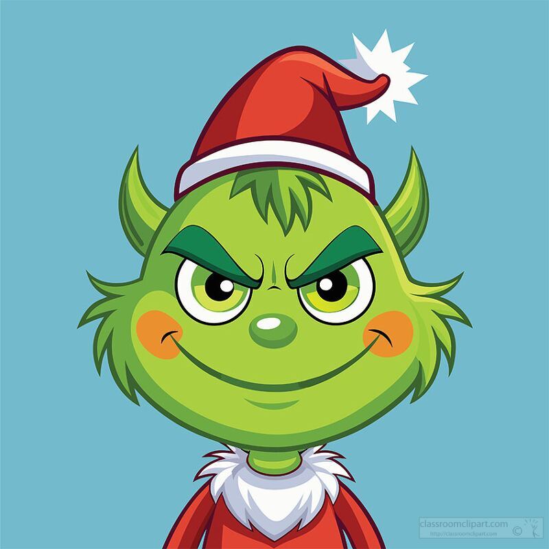 cartoon Grinch with bright yellow eyes and playful horns