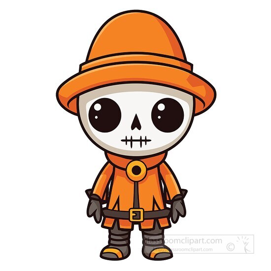 cartoon halloween skeleton with orange jacket and hat