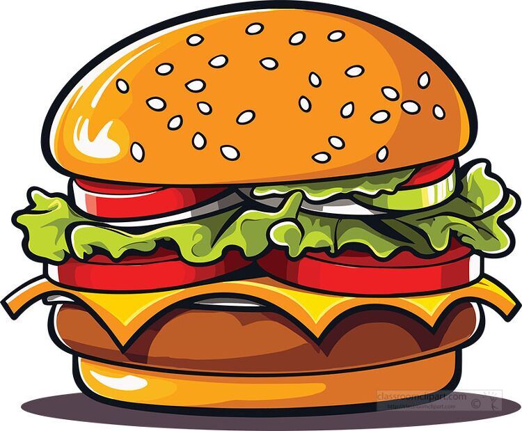 cartoon hamburger with layers of lettuce tomato cheese sesame se