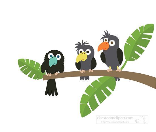 Cartoon illustration of three colorful parrots sitting on a tree
