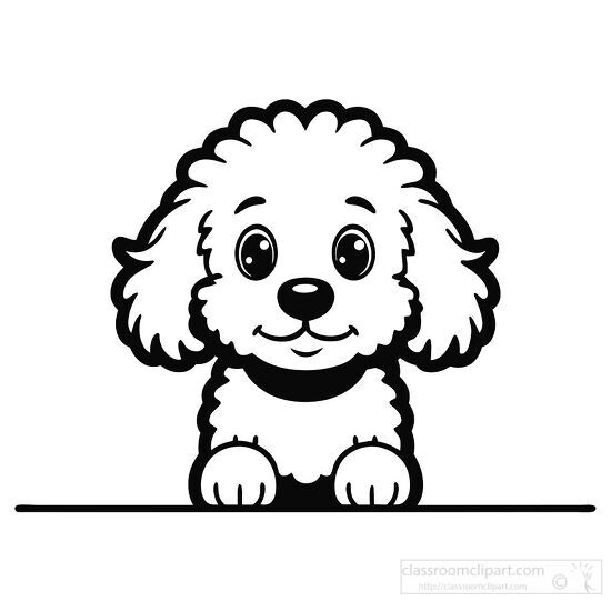 Cartoon line drawing of a happy poodle dog