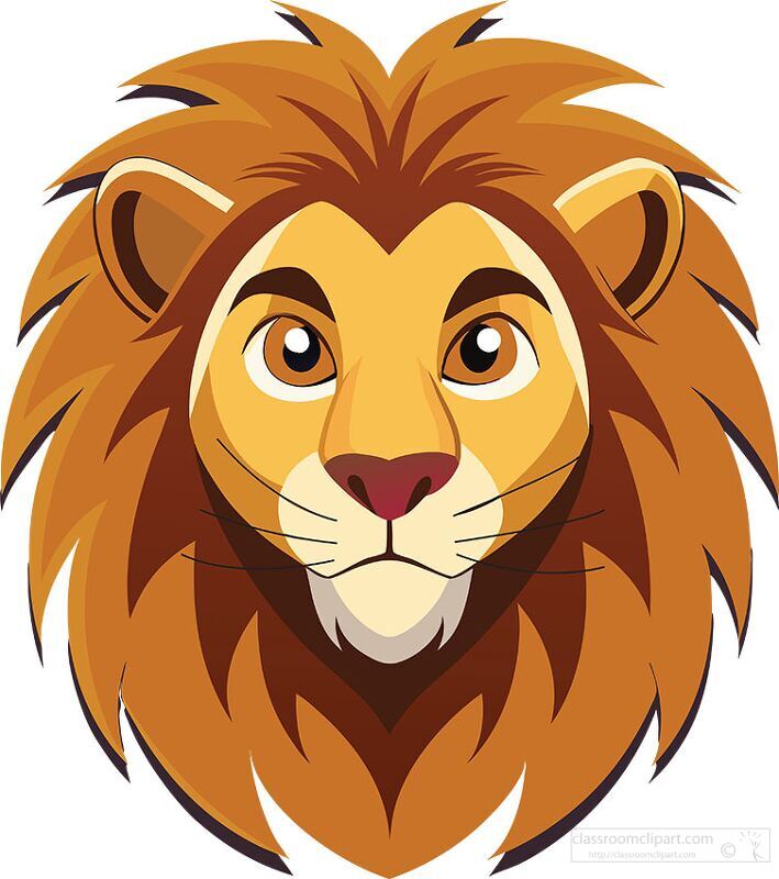 cartoon lion with golden mane and brown eyes looking calm