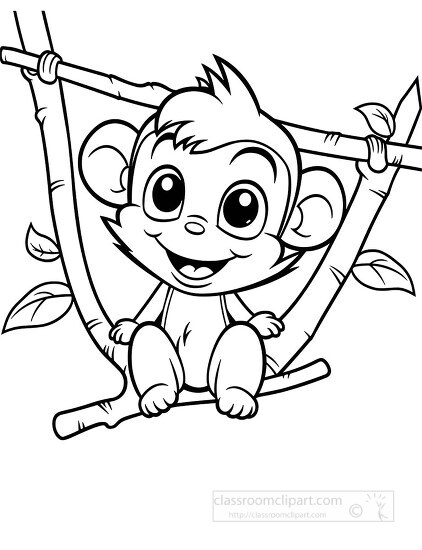 cartoon monkey sitting on a tree branch with leaves outline colo