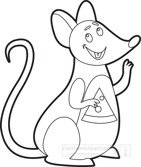 cartoon mouse with cheese slice in its paw black outline clip ar