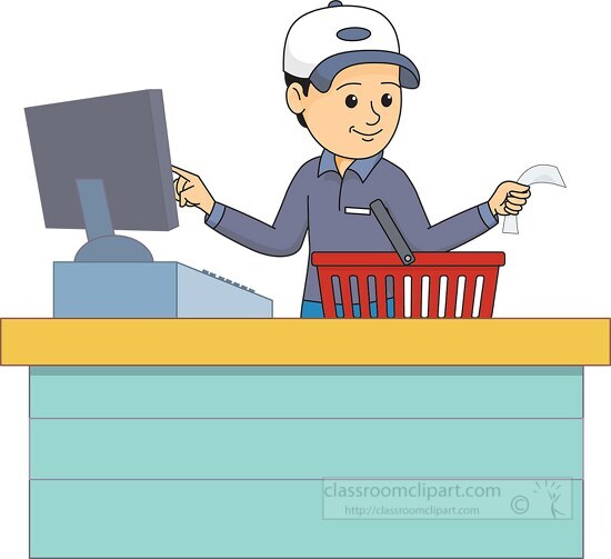 Grocery Clipart Cartoon Of A Cashier At The Checkout Counter Giving