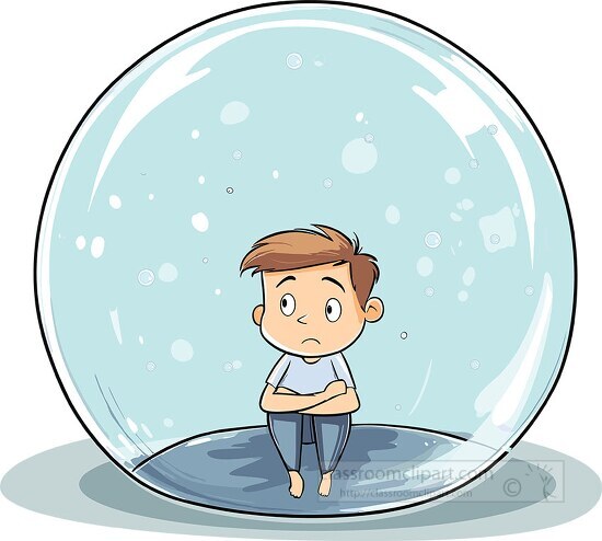 cartoon of a small boy sitting cross legged inside a giant bubble
