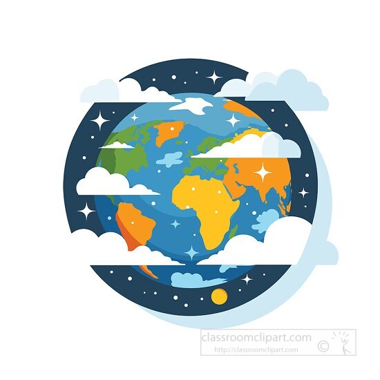Cartoon of Earth at night with stars and clouds in a flat design