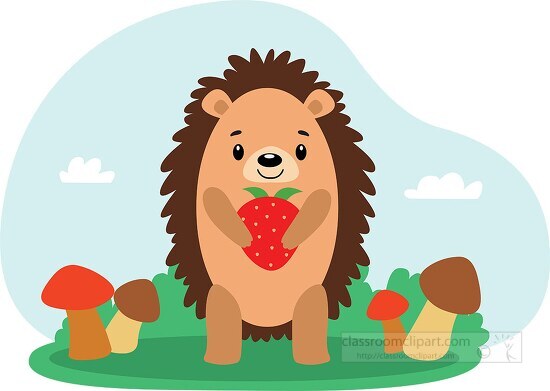 cartoon of hedgehog holding a strawberry surrounded by mushrooms