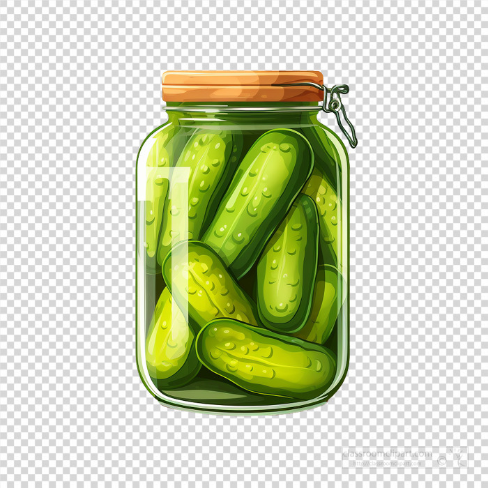 cartoon pickles packed in a clear jar with a wooden lid secured 