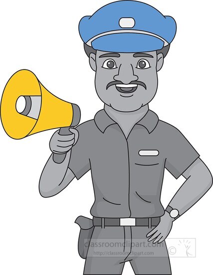 cartoon policeman with a megaphone in his hand gray color clip a