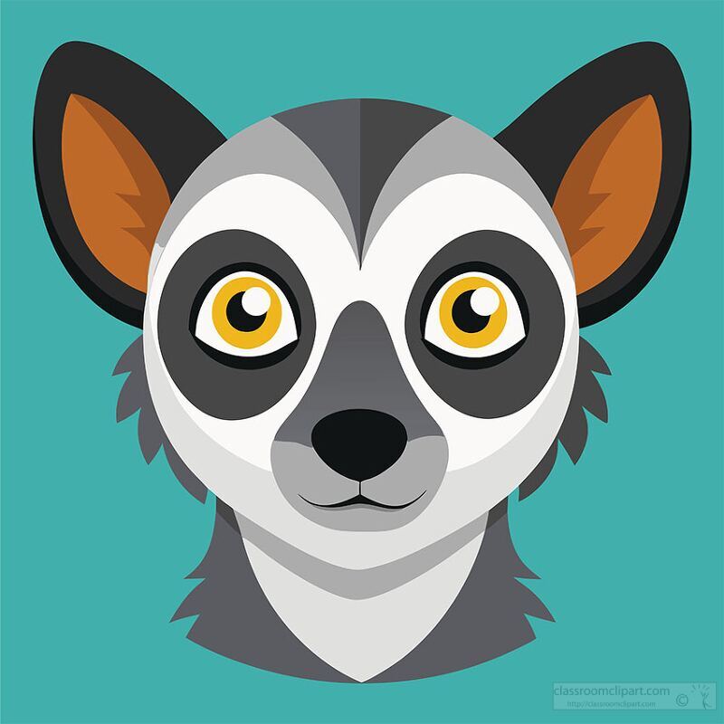 cartoon ring tailed lemur with facial markings bright yellow eye